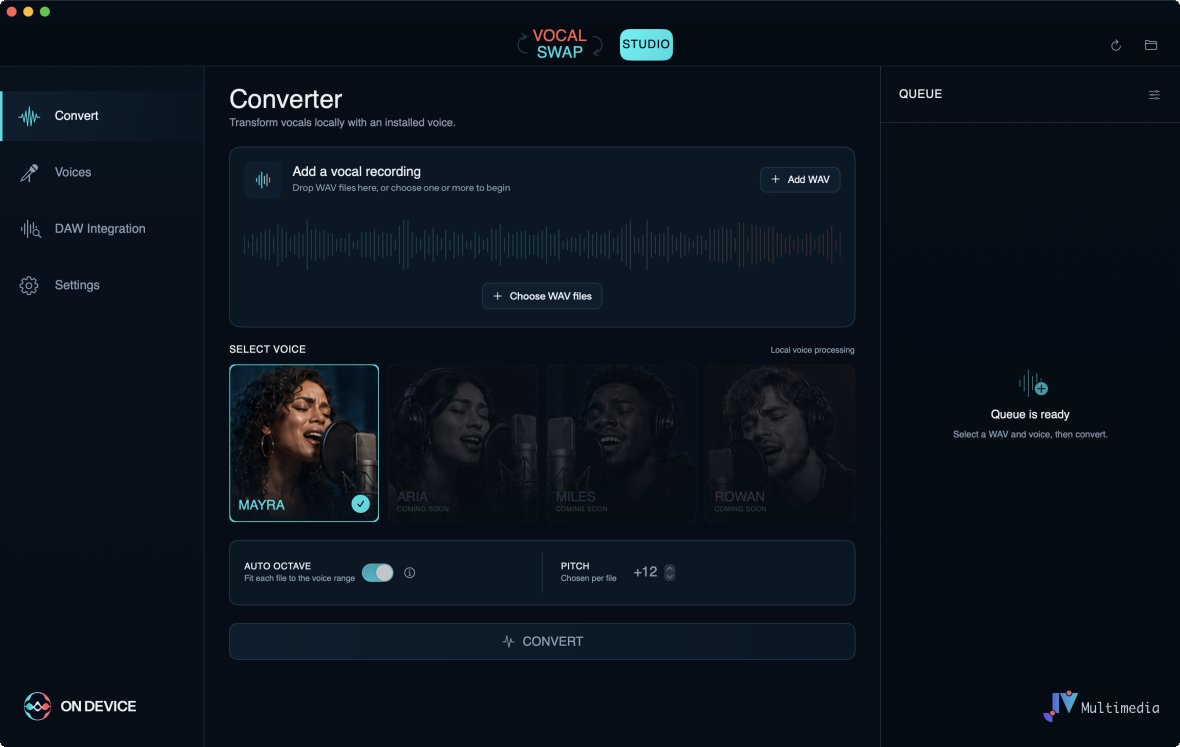 VocalSwap Studio app interface VocalSwap Studio running locally on macOS