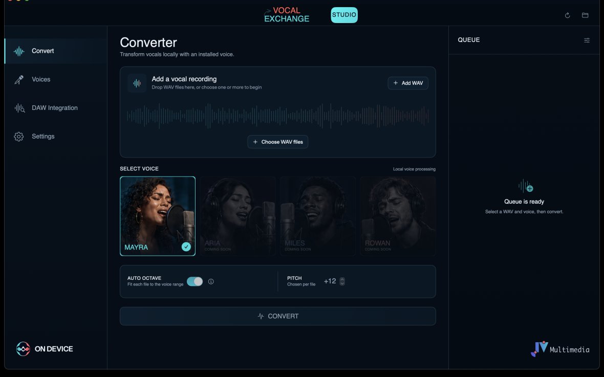 VocalExchange Studio app interface VocalExchange Studio running locally on macOS