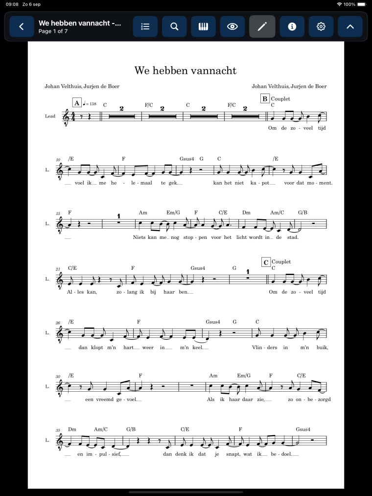 ScoreSets reader — We hebben vannacht ScoreSets PDF reader displaying the original Dorico score We hebben vannacht, with its compact toolbar