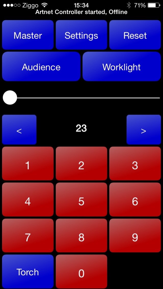 ArtNetDmxRemote — draadloze DMX-bediening ArtNetDmxRemote met DMX-faders op iPhone